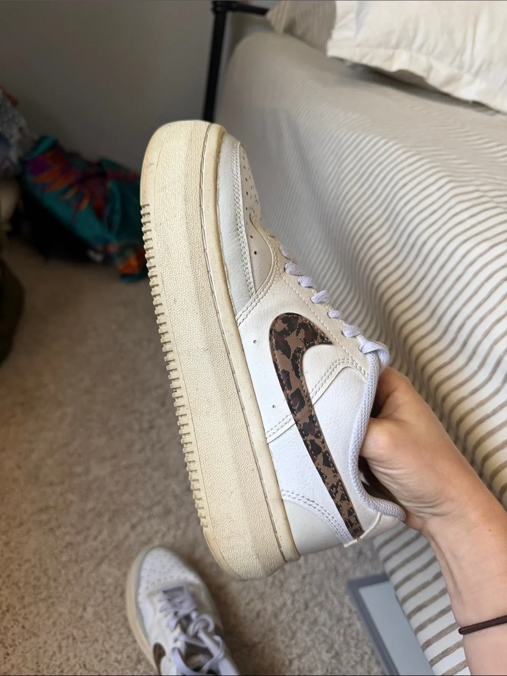 Nike White Platform Sneakers with Leopard-Print Swoosh